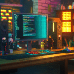 A realistic Minecraft-style 3D image of a computer setup with Git Bash open on a blocky Windows desktop surrounded by Minecraft-themed tech gear.