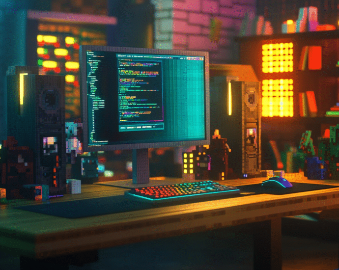 A realistic Minecraft-style 3D image of a computer setup with Git Bash open on a blocky Windows desktop surrounded by Minecraft-themed tech gear.