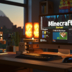 Realistic Minecraft-style 3D scene with FileZilla open on a glowing monitor transferring Minecraft server files, creeper outside window.