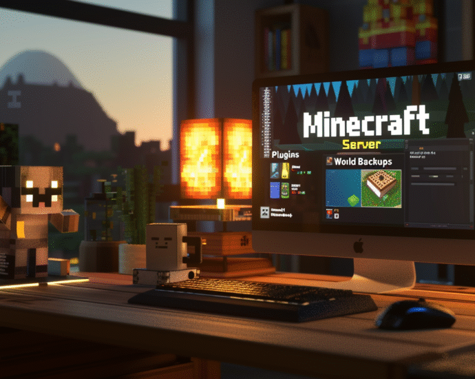 Realistic Minecraft-style 3D scene with FileZilla open on a glowing monitor transferring Minecraft server files, creeper outside window.