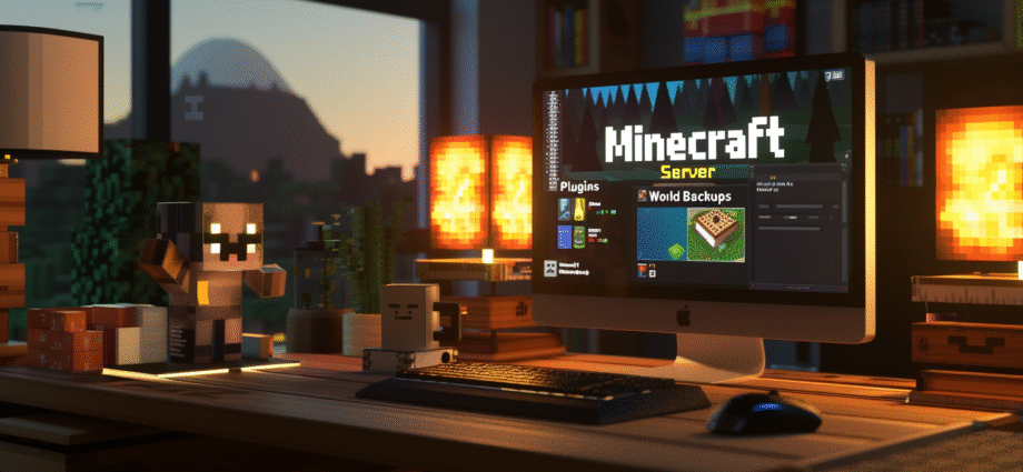 Realistic Minecraft-style 3D scene with FileZilla open on a glowing monitor transferring Minecraft server files, creeper outside window.