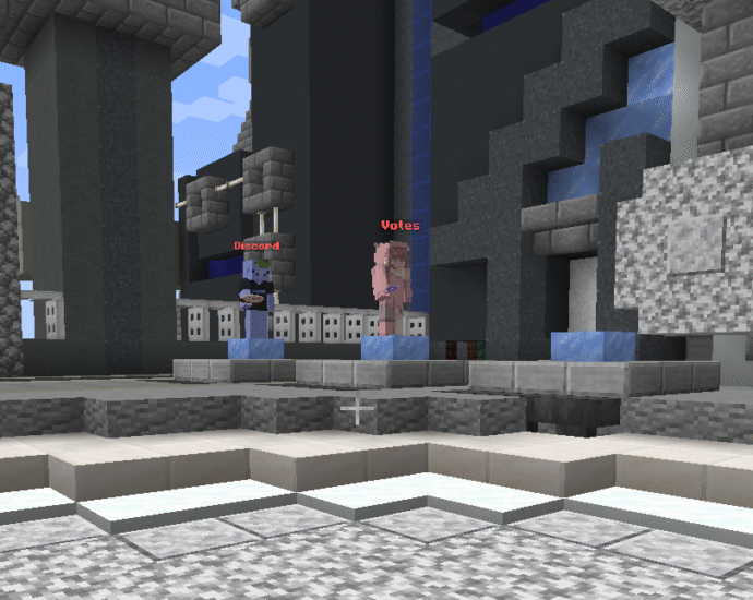 Spawn area of MellowCraft Minecraft Server featuring NPCs for Discord and Voting—because nothing says adventure like a lobby full of job applications.