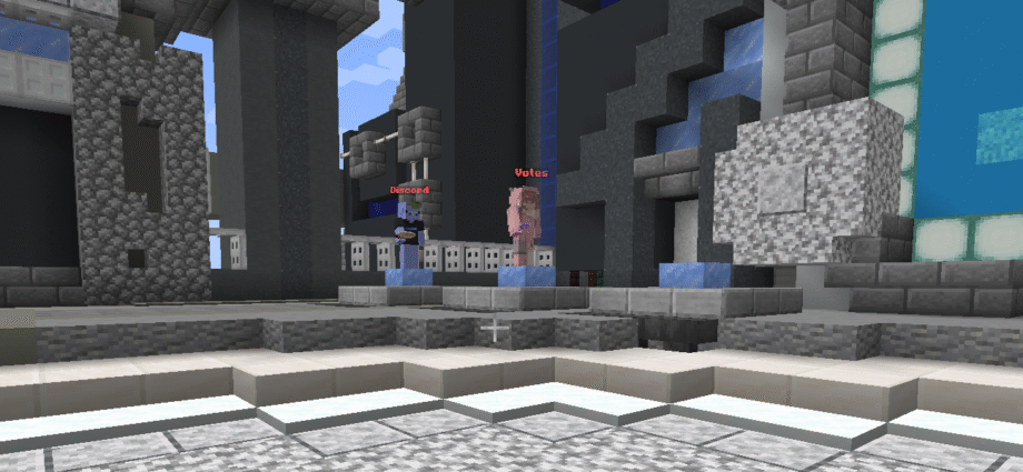 Spawn area of MellowCraft Minecraft Server featuring NPCs for Discord and Voting—because nothing says adventure like a lobby full of job applications.